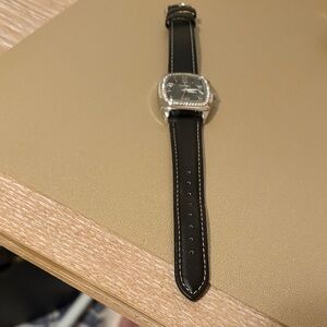 Peugeot Black Leather Strap Watch with Silver Case